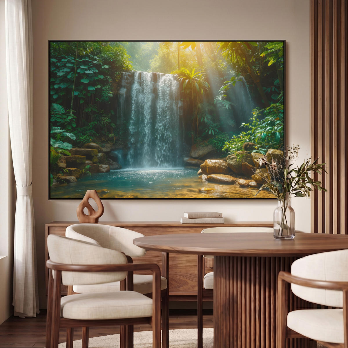 LEINWAND Bilder mit Rahmen - Wasserfall - Dschungel - Sonne - Grün - Natur - 120x80 - Grün, Textil (120/80cm) - MuchoWow