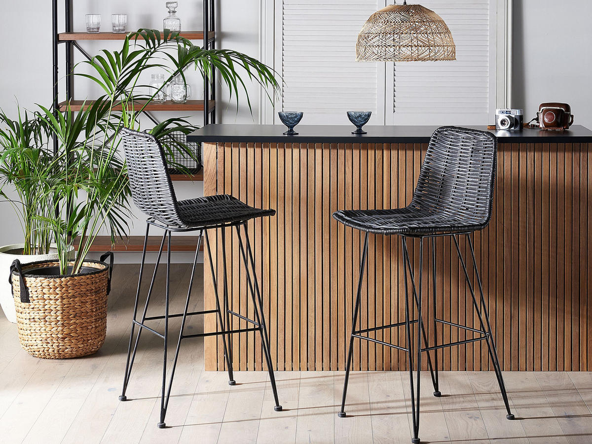 BARHOCKER 2er-Set Rattan Schwarz Cassita - Schwarz, Naturmaterialen/Metall (43/103/47cm) - Beliani