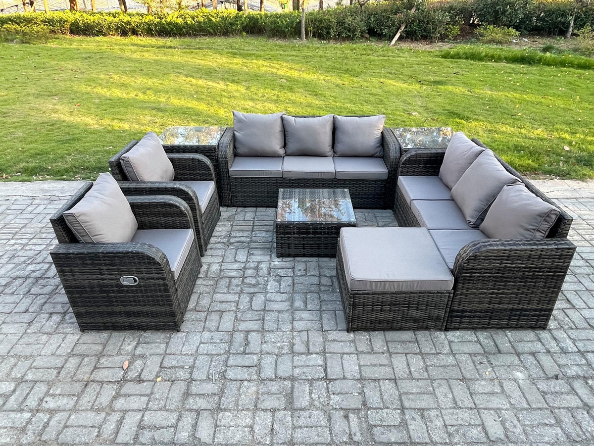 GARTENTISCHGRUPPE Polyrattan Dunkelgrau 8-teilige - Dunkelgrau/Grau, Glas/Kunststoff - Fimous