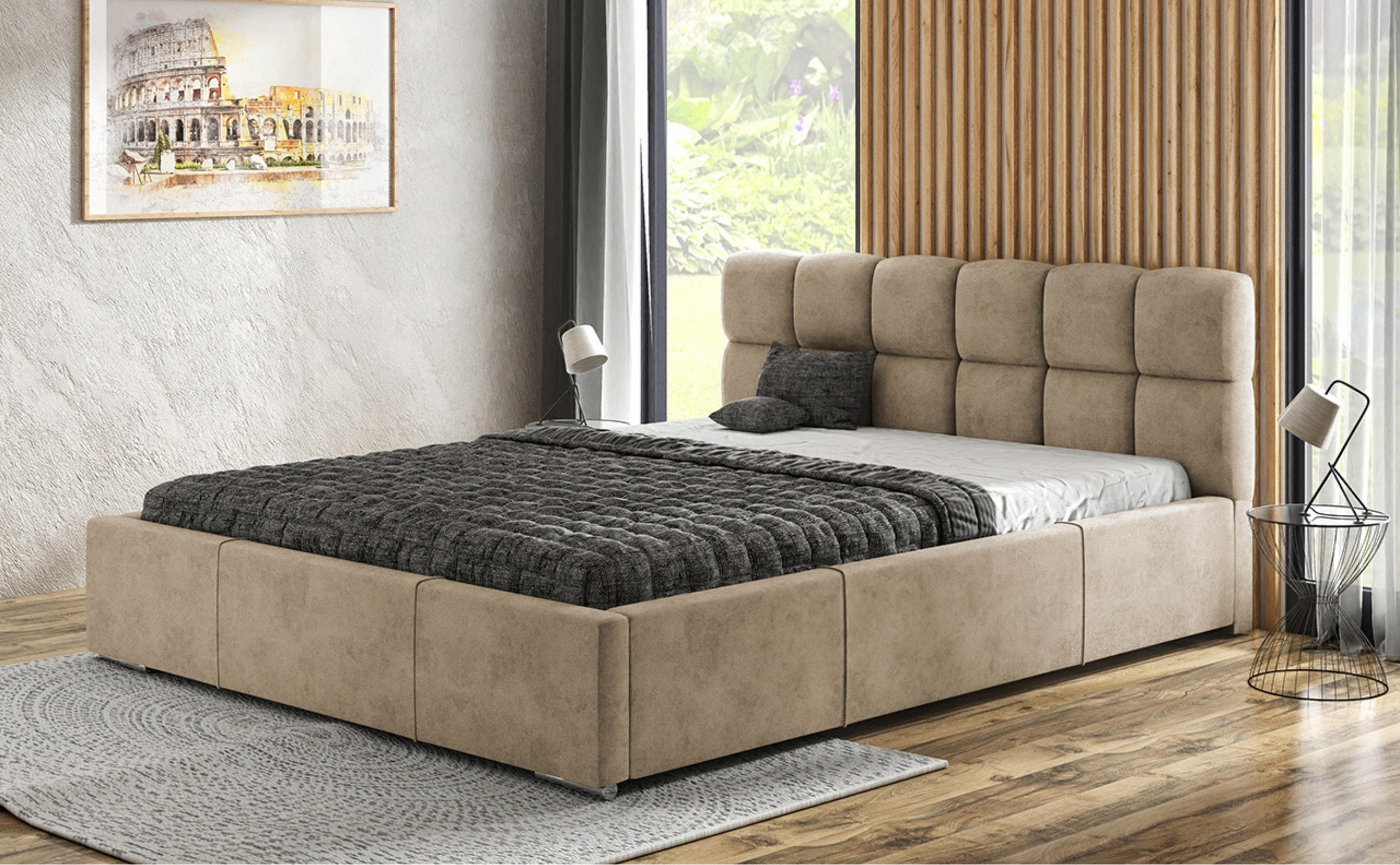 POLSTERBETT MALTA mit Kopfteil, 140 x 200 cm, Doppelbett mit Bettkasten und Lattenrost aus Metall, Velourstoff: Hellbraun - Hellbraun, Holz/Textil (140/200cm) - Agmat-Furniture
