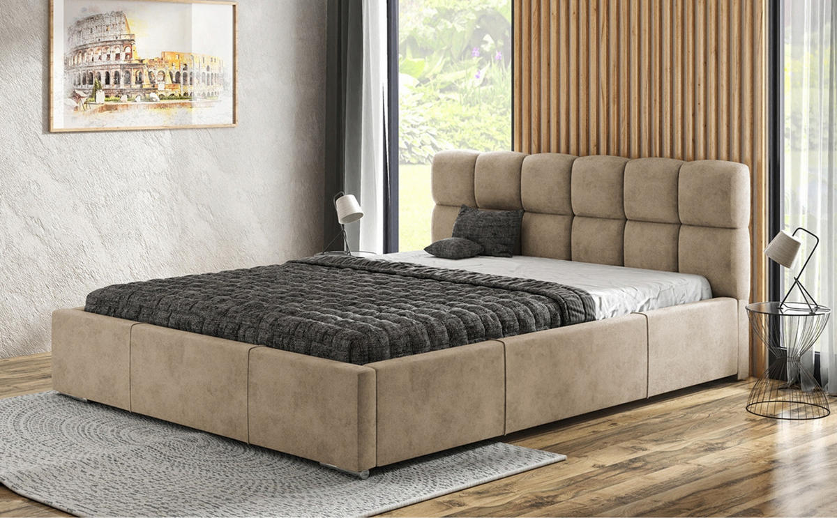 POLSTERBETT MALTA mit Kopfteil, 180 x 200 cm, Doppelbett mit Bettkasten und Lattenrost aus Metall, Velourstoff: Hellbraun - Hellbraun, Holz/Textil (180/200cm) - Agmat-Furniture