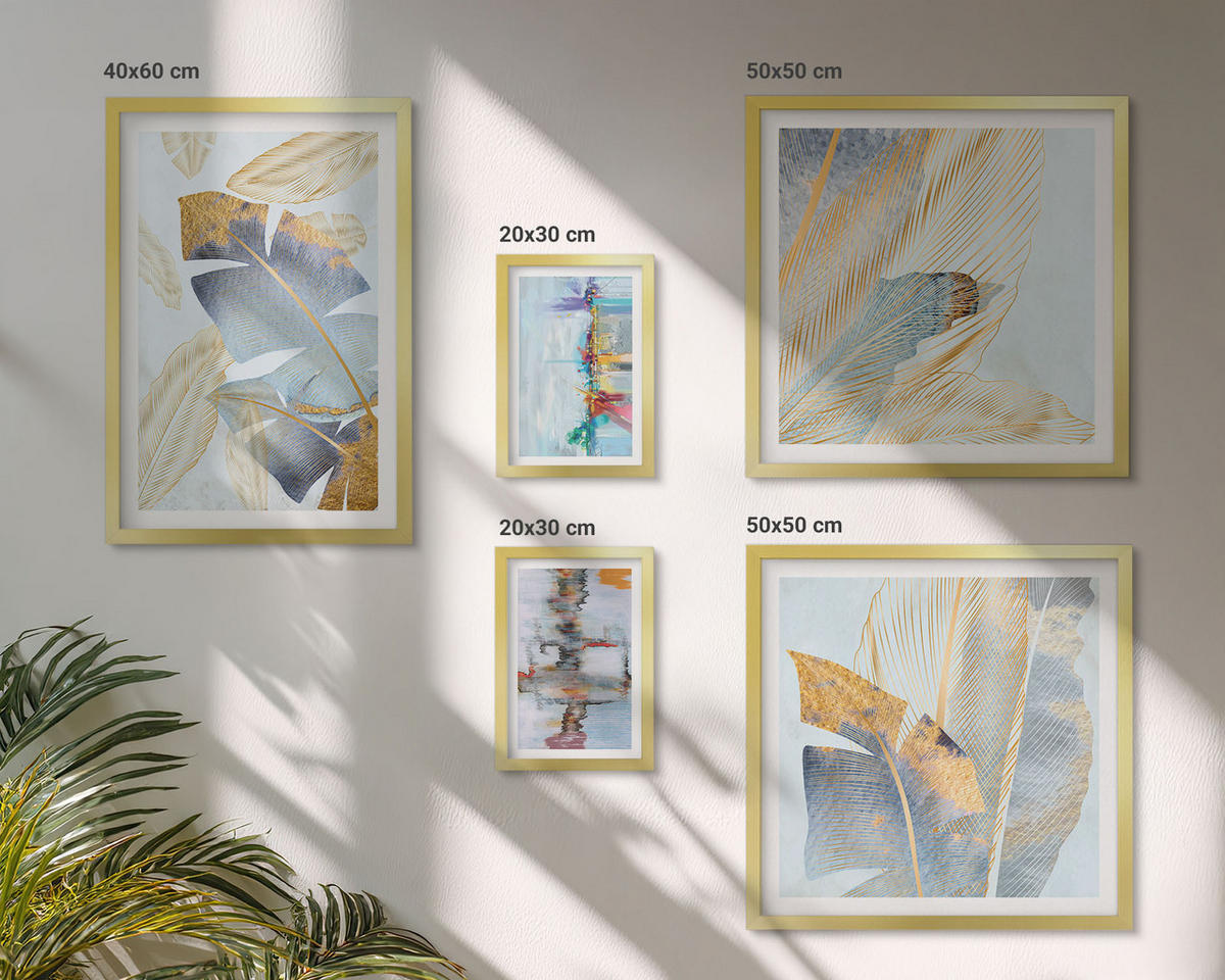 BILDER SET 5er Set - 50x50 cm & 20x30 cm & 40x60 cm Goldrahmen - abstrakte Muster in Blautönen - Goldfarben, Kunststoff (40/60cm) - TULUP