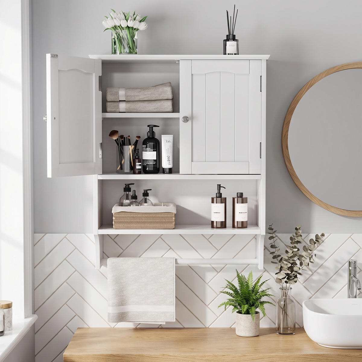WANDSCHRANK Badezimmer Weiß Medizinschrank mit Handtuchhalter & verstellbaren Regalen - Weiß, Holzwerkstoff (56.89/70/19cm) - Urban Meuble