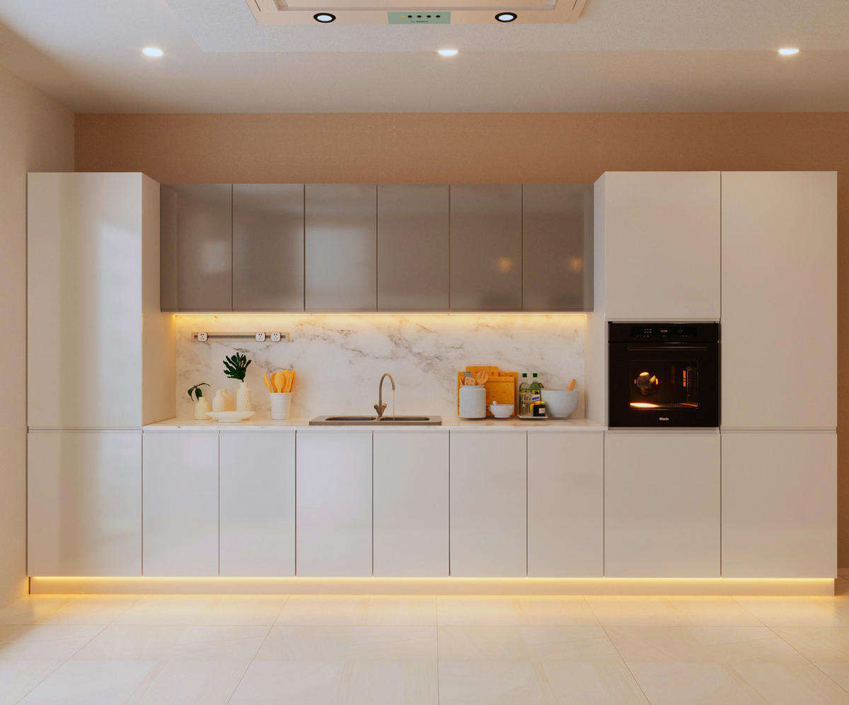 INSELKÜCHE-KÜCHENZEILE 420 cm Glanzia – KU-S15 – Weiß / Grau – Hochglanz - Weiß Hochglanz/Grau, Holzwerkstoff (420/212/60cm)