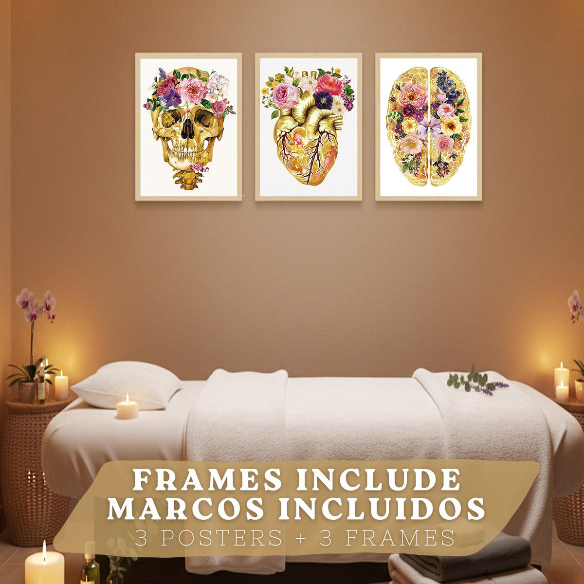 POSTER Set aus 3 Anatomie Mensch Drucke und mit Schädel Gehirn und Herz Goldene Florale Künstlerische Illustration Größe Leichter Holzrahmen A4 - Beige, Papier (21/29.7/3cm) - Nacnic