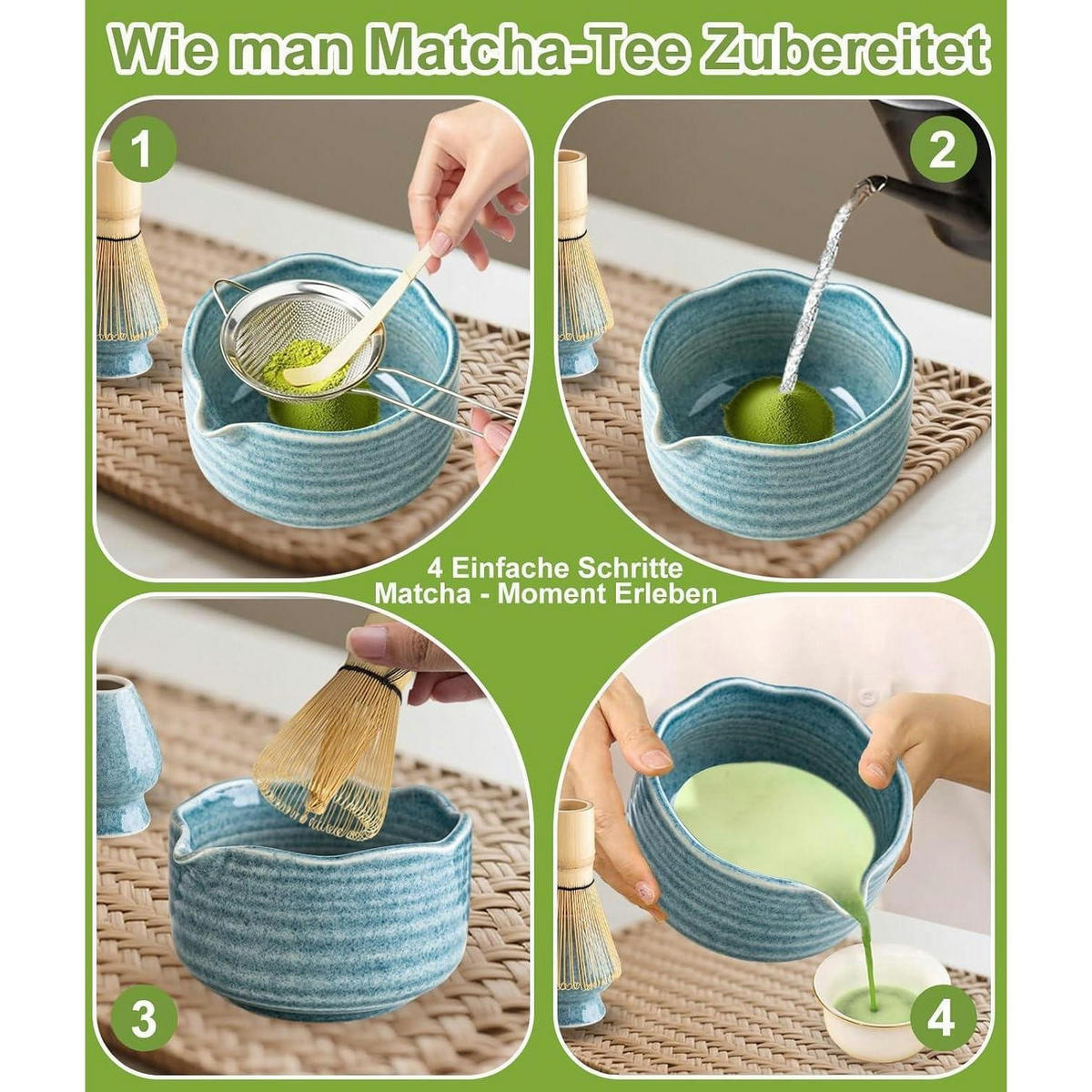 MATCHA Set 7-teilig Keramik Schale Bambus Besen Vintage Blau - Blau, Keramik (15/10/15cm)