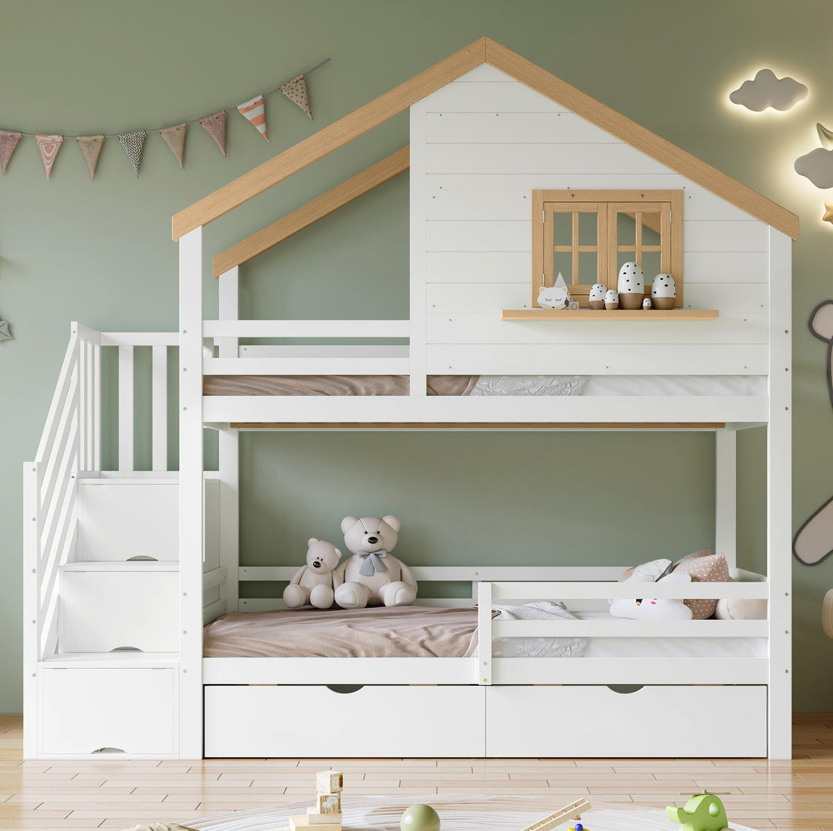 ETAGENBETT Weiß/Natur 90/200 cm mit Treppe und Stauraum - Weiß, Holz (90/200cm) - MIVRAY