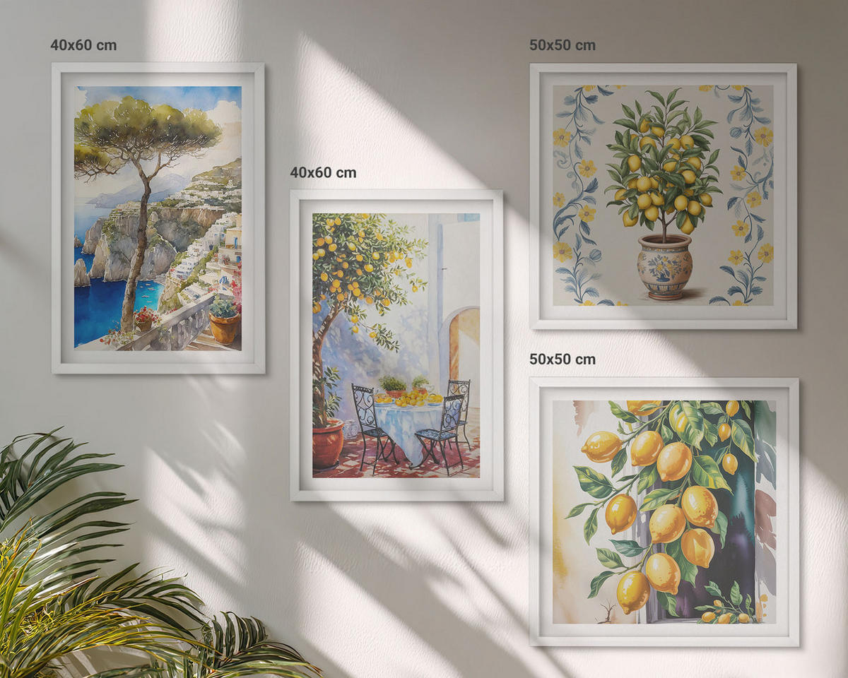 WANDBILDER 4er-Set - 50x50 cm & 40x60 cm Weißer Rahmen - Zitronenbäume am Meer - Weiß, Kunststoff (50/50cm) - ArtPrintCave