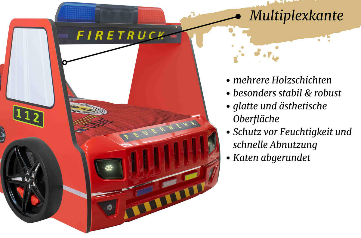 AUTOBETT Firetruck für Kinder 90x200 mit LED Leuchte und Lattenrost - Rot, Holzwerkstoff (90/200cm) - Aileenstore