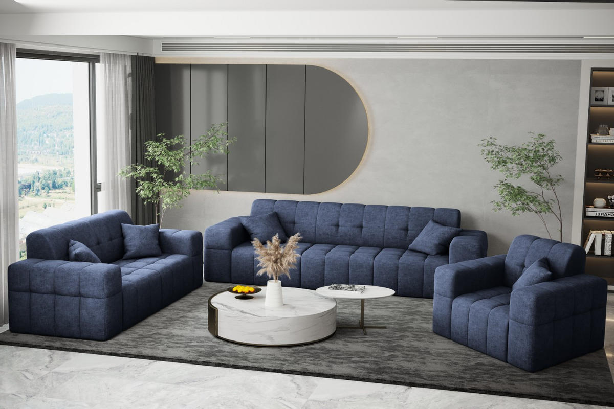 SITZGARNITUR 3+2+1 NIMES Stoff Perfect Harmony Dunkelblau - Dunkelblau, Holz/Textil (245/82/92cm) - Kaiser Möbel