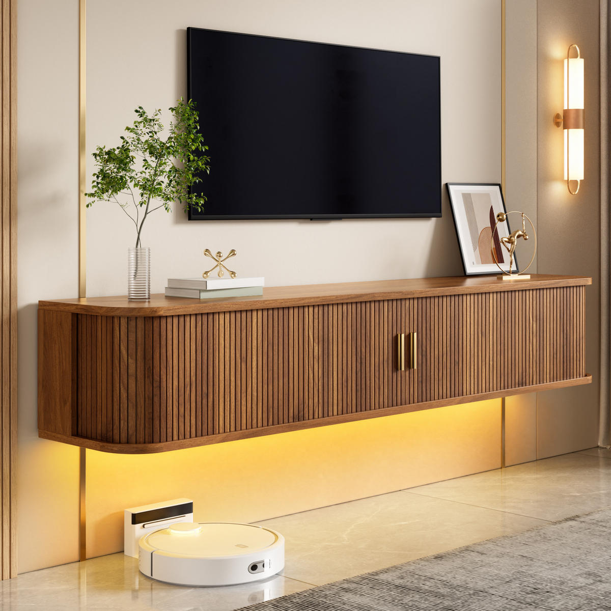 TV-BOARD Wandhängend MDF LED Rillenoptik Wohnzimmer - Walnussfarben, Holzwerkstoff (175/30/30cm) - FLIEKS