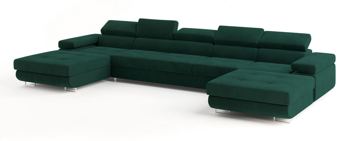 WOHNLANDSCHAFT OMBRA Grün Velours-Stoff mit Schlaffunktion - Grün, Holz (425/90/202cm) - MASSENO