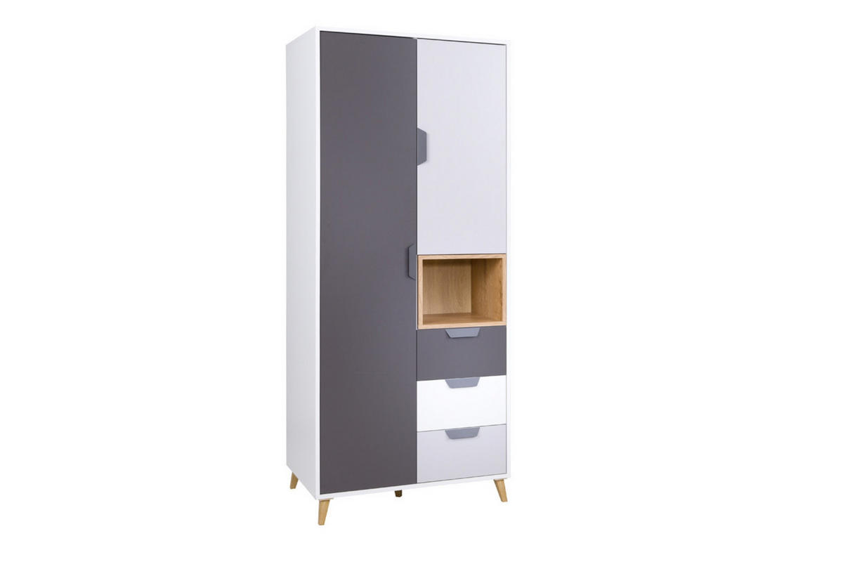 KINDERKLEIDERSCHRANK JUSTIN 02 80 cm breit in Weiß / Graphit / Grau / Eiche - Eichefarben/Graphitfarben, Holzwerkstoff (80/190/55cm) - Deine Möbel 24