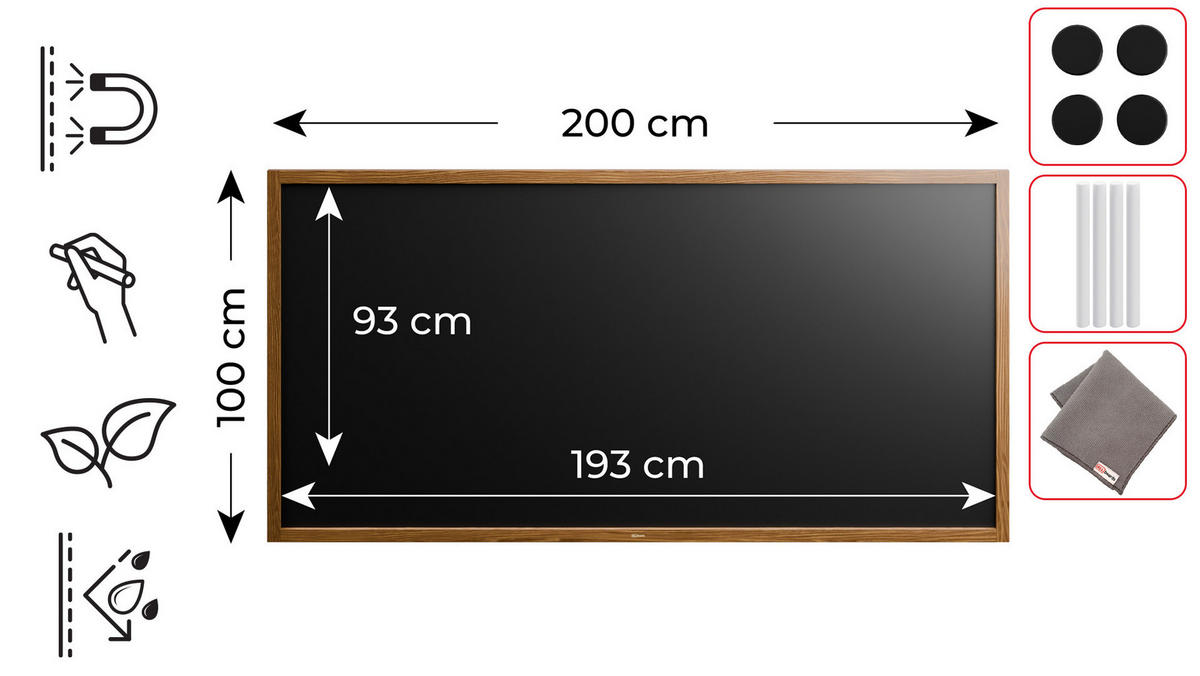 SCHWARZE magnetische Kreidetafel mit Holzrahmen 200x100cm - Braun, Holz (200/100/2cm) - ALLboards