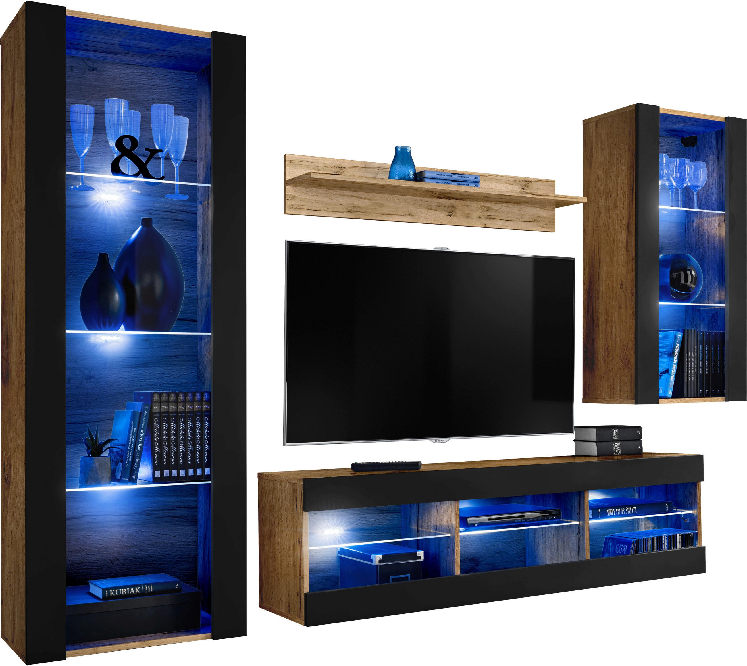 WOHNZIMMERSET TIVOLI MEDIO, 4er-Set, Schwarz, LED Blau - Eiche Wotan/Schwarz, Glas/Holzwerkstoff (245/159/35cm) - Komodee