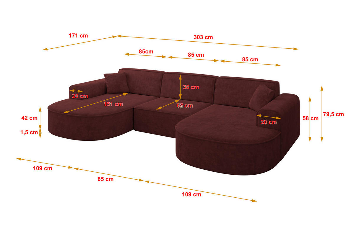 WOHNLANDSCHAFT MARI-U1 - 303x171x79 cm Bordeaux Velours - Bordeaux/Schwarz, Holzwerkstoff/Kunststoff (303/79/171cm) - ALTDECOR