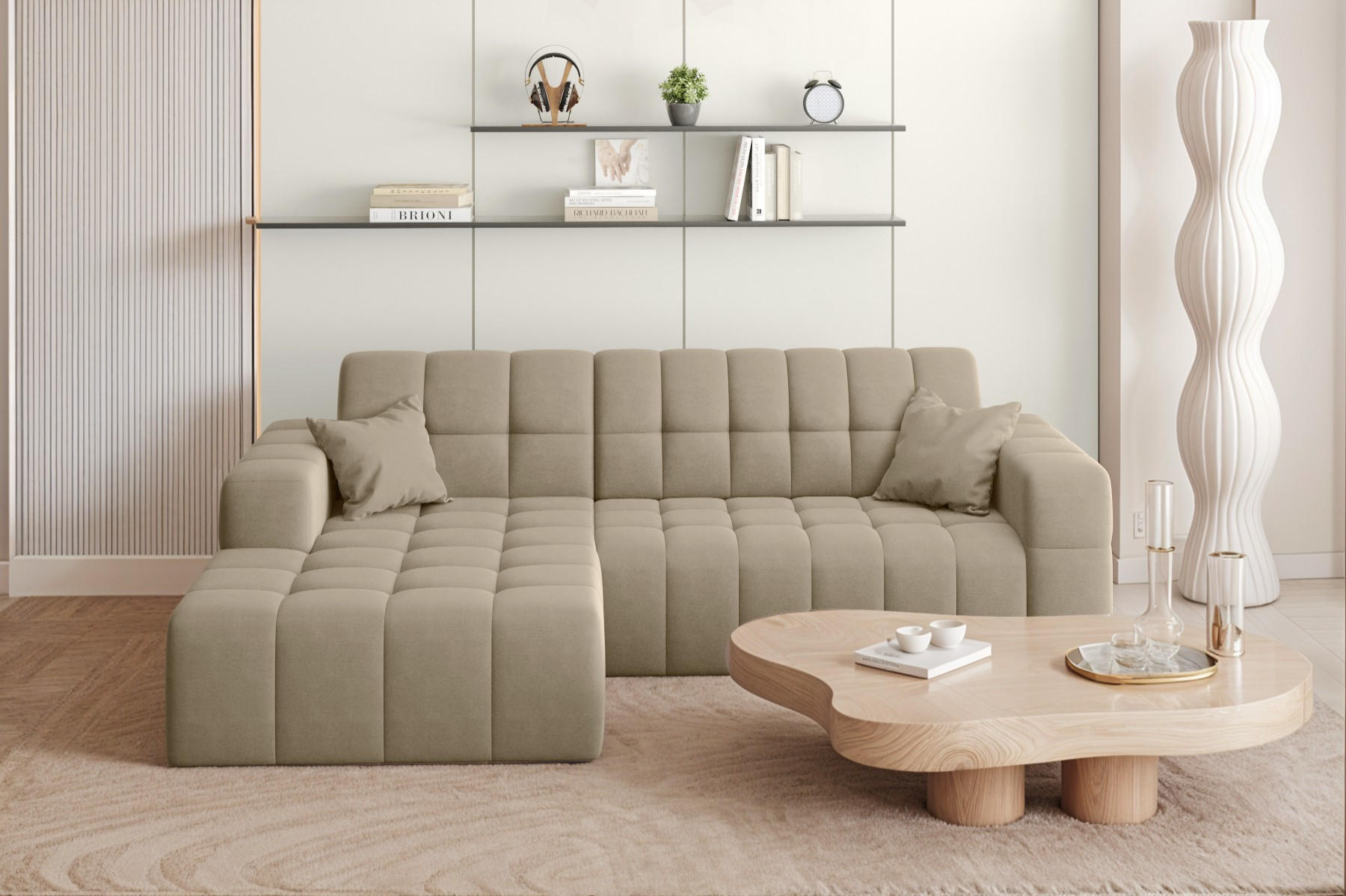 ECKSOFA L-förmiges Nimes Velours Stoff Beige Links - Beige, Holz/Kunststoff (168/265cm) - Kaiser Möbel