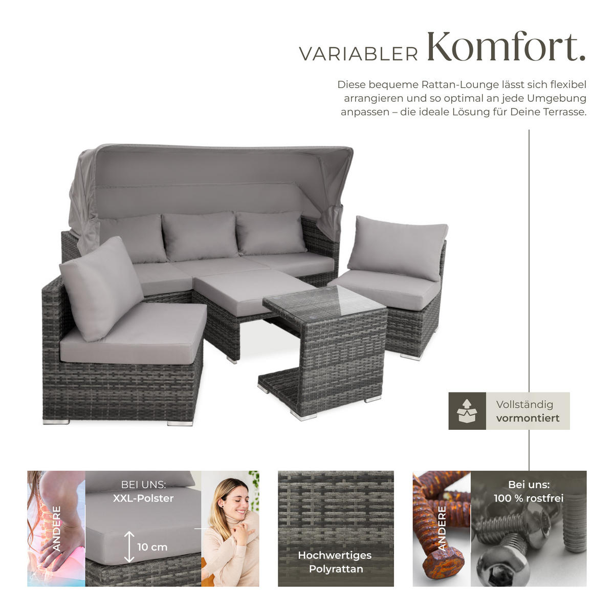 RATTANLOUNGE San Marino,mit Sicherheitsglasplatte, variabel aufstellbar,grau - Grau, Kunststoff (68/131cm) - tectake