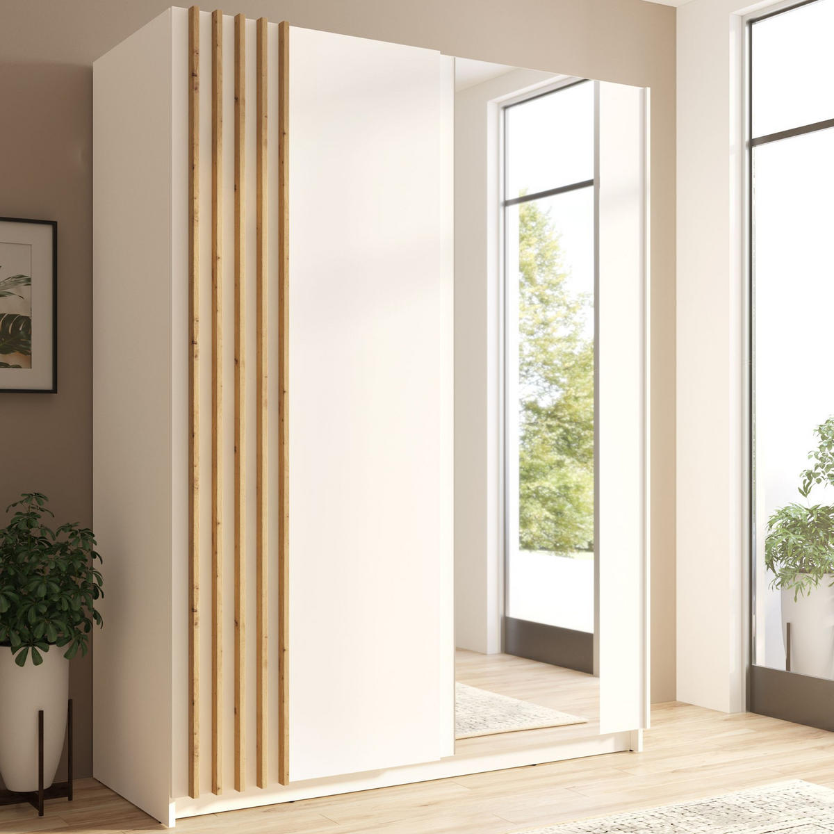 SCHIEBESCHRANK CASTARI Weiß / Artisan Eiche - Weiß/Eiche Artisan, Holzwerkstoff (150.6/198.5/62cm) - KONSIMO®