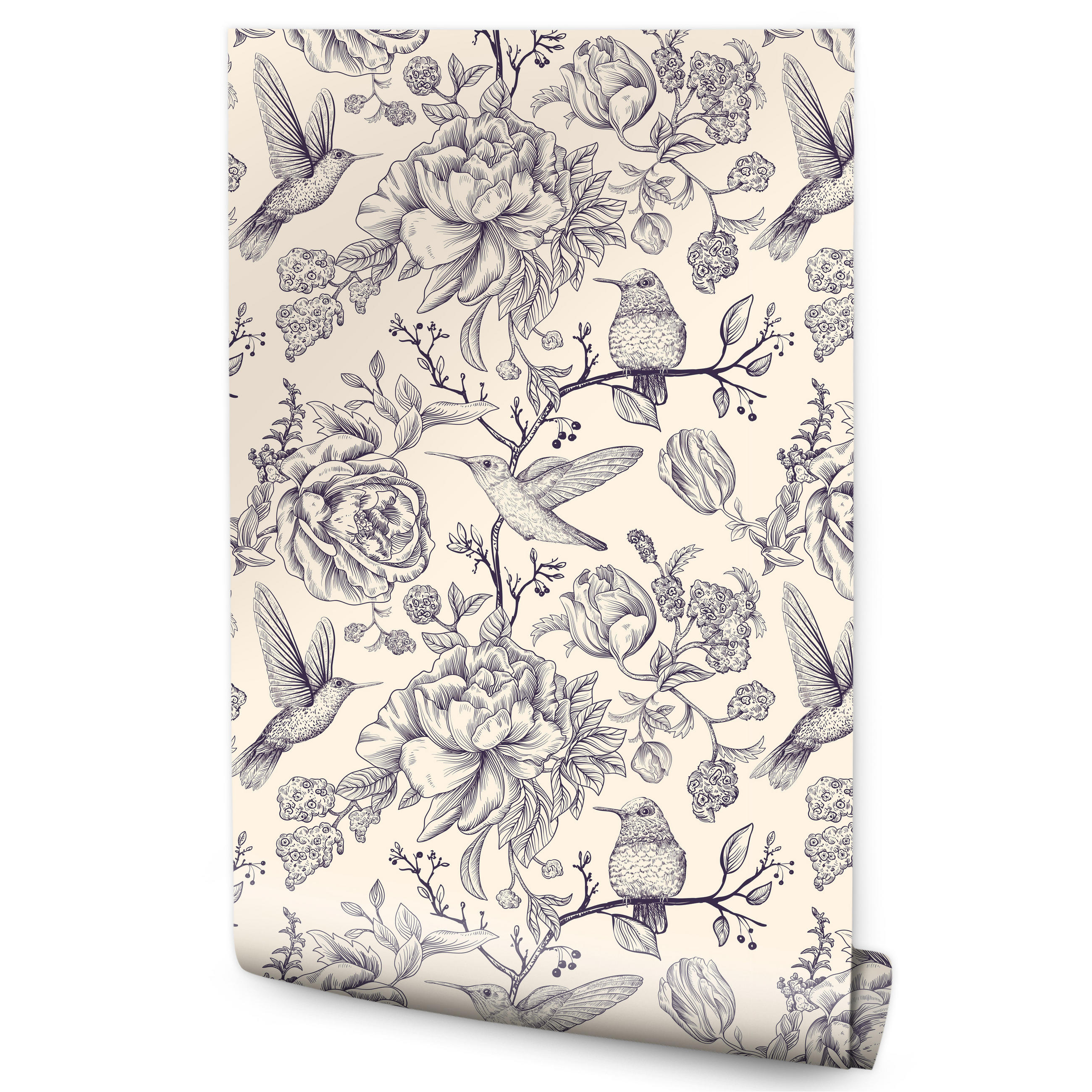 VLIESTAPETE Kolibris und Blüten – Grau, Creme – 50x1000 cm - Creme/Grau, Papier (50/1000cm) - Muralo