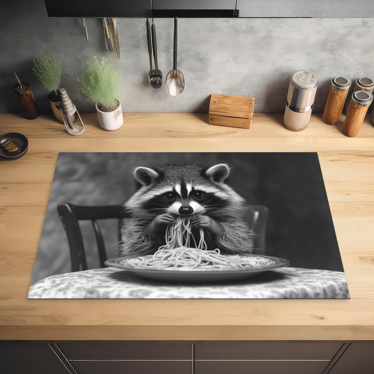 HERDABDECKPLATTE Waschbär - Niedlich - Pasta - Tischtuch - Schwarz - Weiß Induktionsmatte 81x52 cm - Grau, Kunststoff (81/52/0.2cm) - MuchoWow