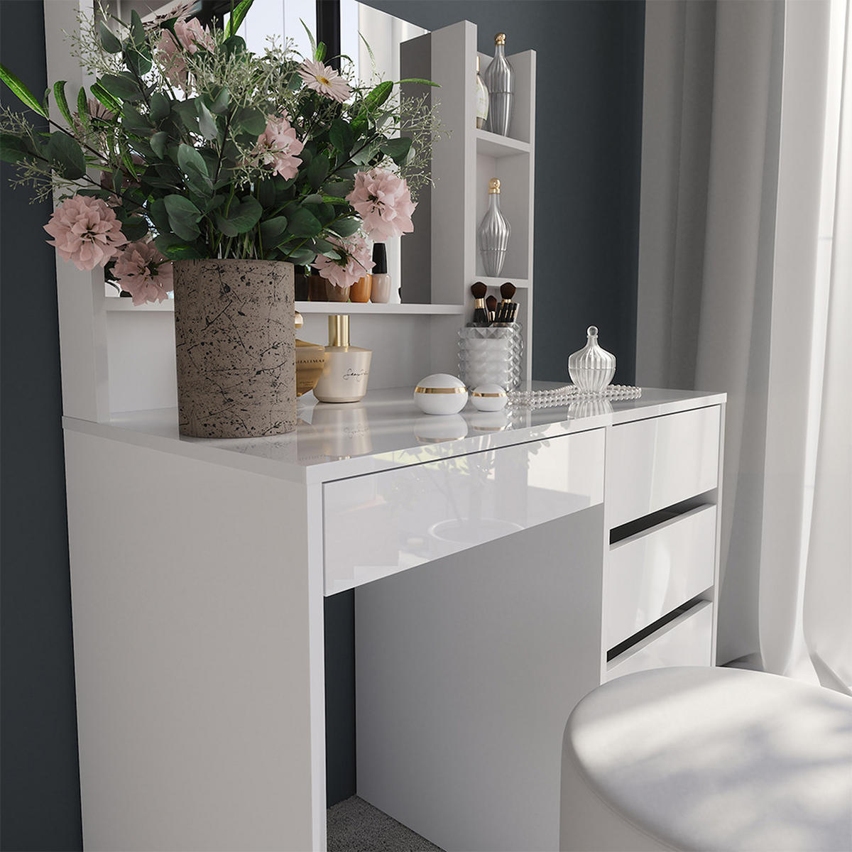SCHMINKTISCH Sherry Weiß/Weiß Hochglanz 89.8 cm 4 Teile - Weiß Hochglanz, Holzwerkstoff (50.1cm) - Vicco