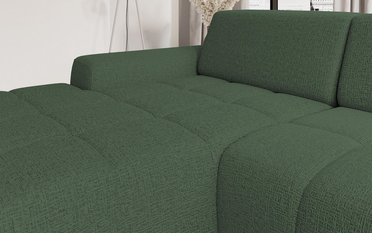ECKSOFA Savio Freistehend, mit Abriebfestem Kansas-Stoff, Maße 265x172x81 cm, Ausziehbare Sitzfläche 206x92 cm, Rechte, – Grün - Grün, Holz/Textil (265/172cm) - DomoHome