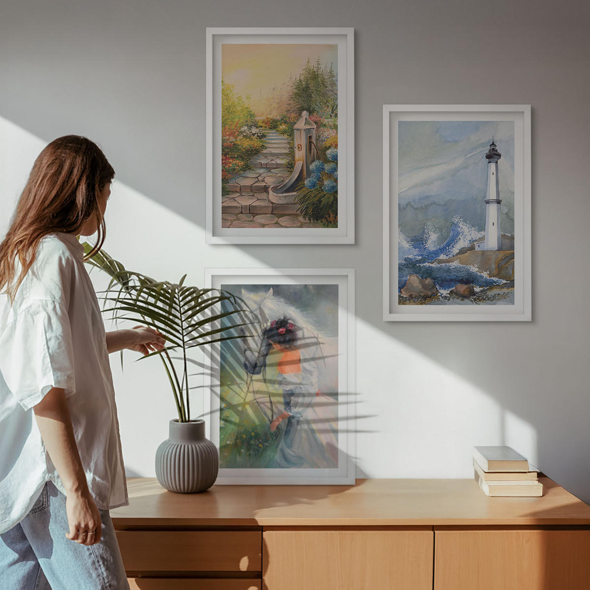 WANDBILDER 3er-Set - 40x60 cm Weißer Rahmen - Landschaft Leuchtturm Pferd Mädchen - Weiß, Kunststoff (40/60cm) - ArtPrintCave