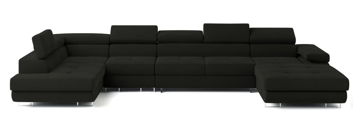 WOHNLANDSCHAFT VELORA L-S Schwarz Velours-Stoff mit Schlaffunktion - Schwarz, Holz (419/90/202cm) - MASSENO