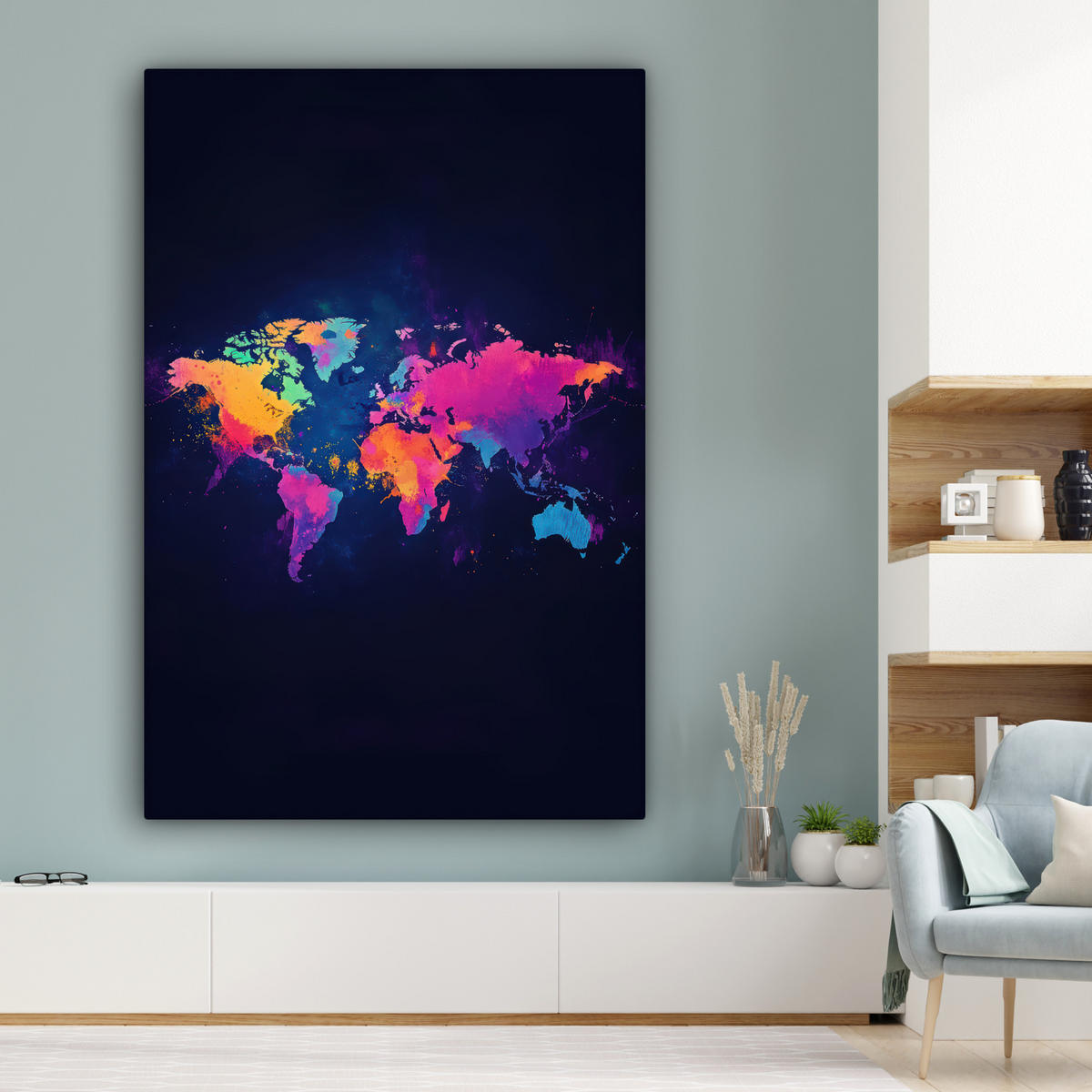 LEINWANDBILD Weltkarte - Bunt - Graffiti 90x140 cm - Multicolor, Textil (90/140cm) - MuchoWow