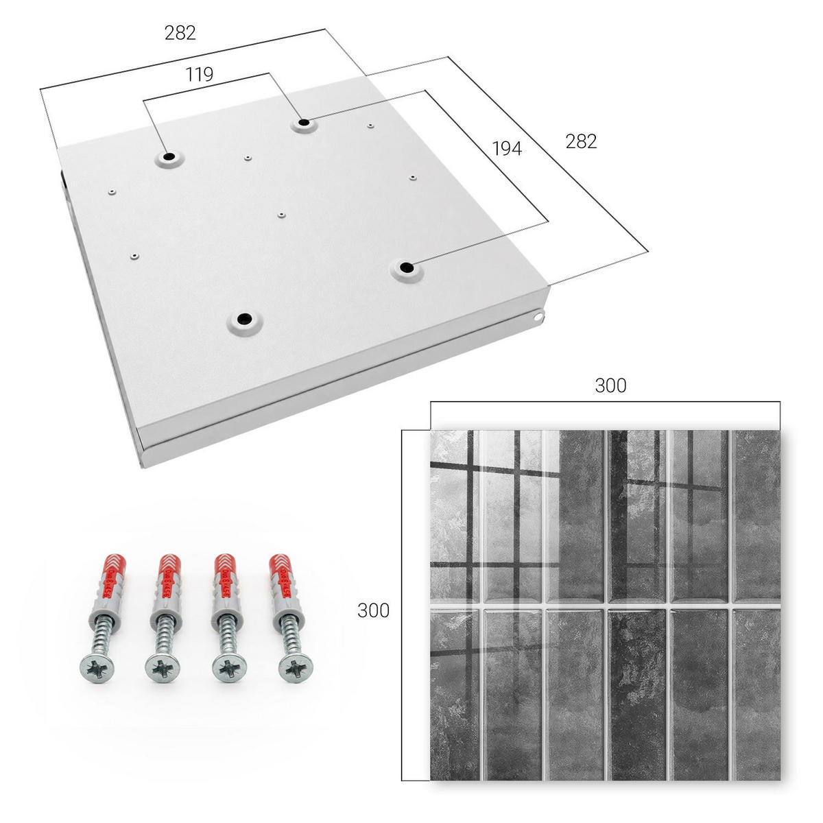 SCHLÜSSELBOX Weiß 30x30 cm – Türöffnung nach rechts - Graue Fliesen - Grau, Metall (30/30/5cm) - TULUP