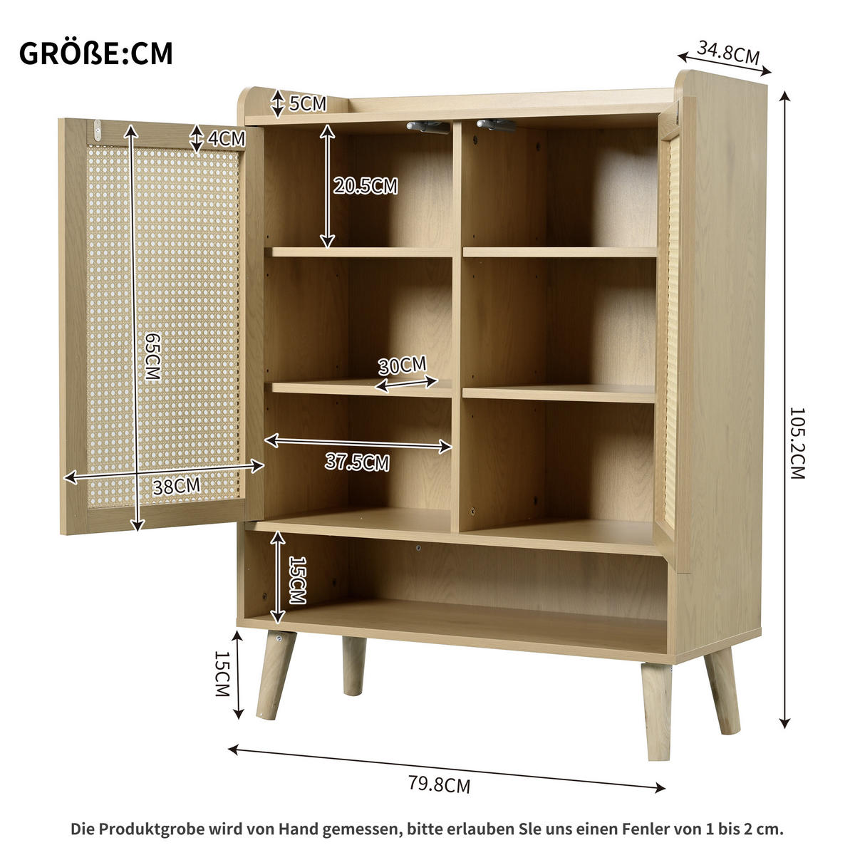SCHUHSCHRANK aus natürlichem Rattan, Für Flur und Eingangsbereich, Eiche hell - Sonoma Eiche, Holzwerkstoff (80/105/35cm) - Urban Meuble