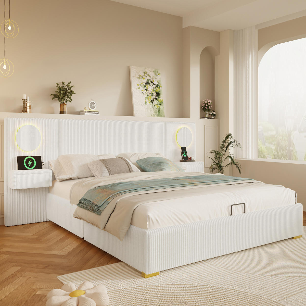 SAMETOVÁ čalouněná postel 180/200 cm s LED osvětlením, USB porty a hydraulickým úložným prostorem, Béžová - béžová, textil (180/200cm) - Redom