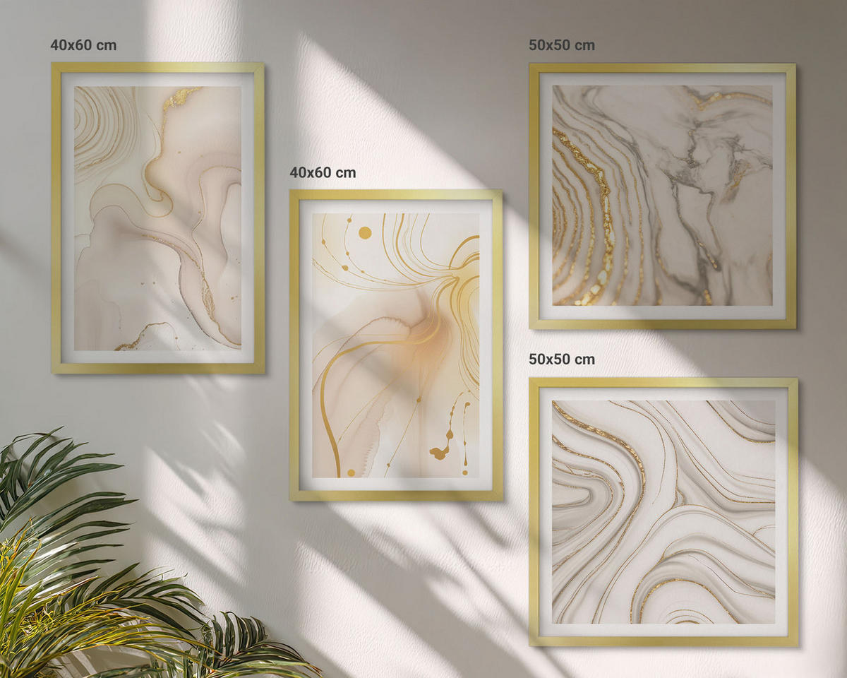 BILDER SET 4er Set - 50x50 cm & 40x60 cm Goldrahmen - Subtile abstrakte Muster - Goldfarben, Kunststoff (50/50cm) - TULUP