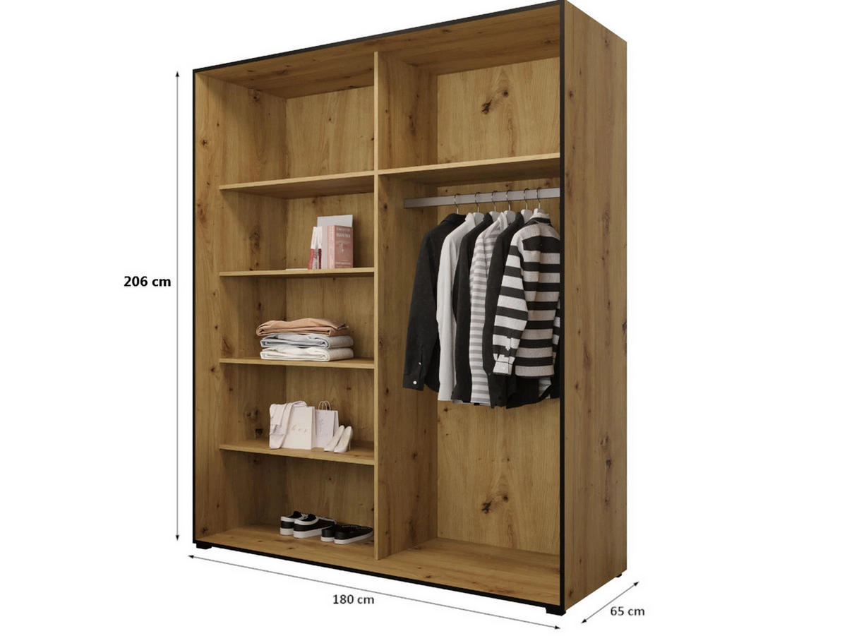DREHTÜRENSCHRANK MODENA 180, 4-türig Kleiderschrank mit 2 Spiegel, Moderne Garderobe, Schrank in Größe: 180 x 206 x 65 cm - Schwarz/Braun, Holzwerkstoff (180/206/65cm) - O-Sofa