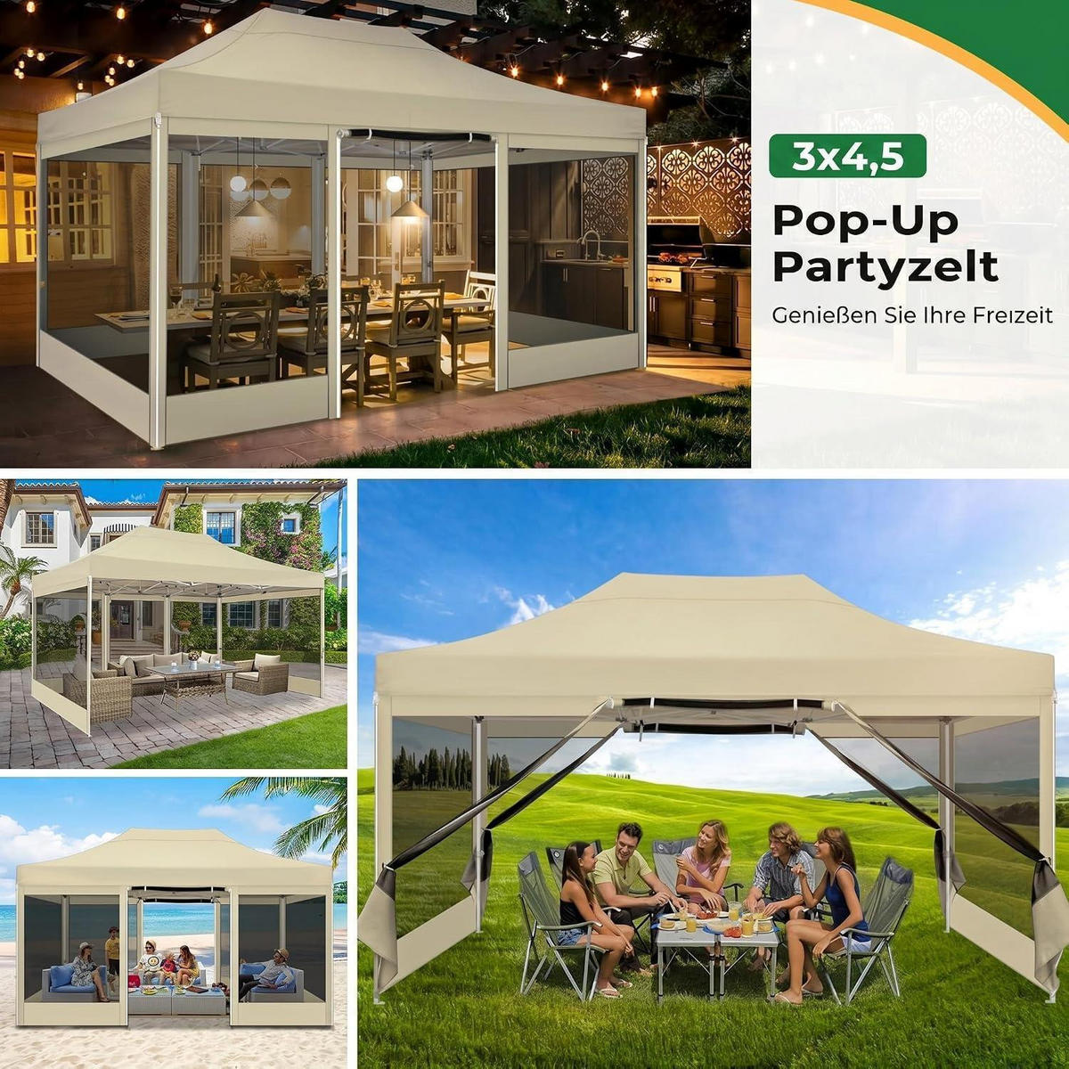 FALTPAVILLON 3 x 4,5 m Khaki Wasserdicht mit Moskitonetz - Olivgrün, Textil (300/335/450cm)