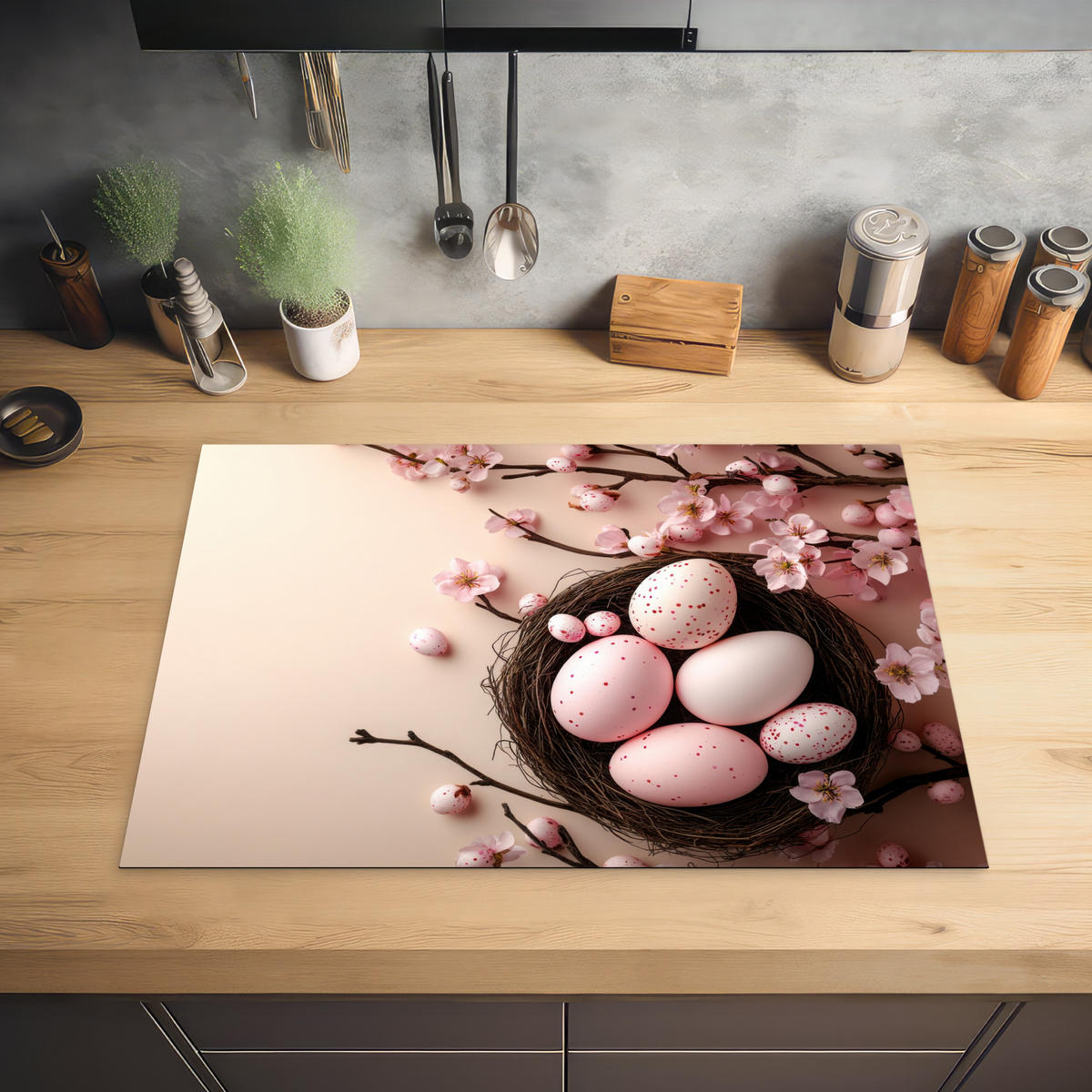 HERDABDECKPLATTE Rosa - Blüten - Eier Herdabdeckung Induktionsfeld 75x52 cm - Hellrosa, Kunststoff (75/52/0.2cm) - MuchoWow