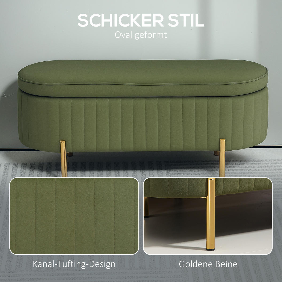 SITZBANK mit Stauraum Polsterbank mit Samtoptik, Metallbeine, Grün - Goldfarben/Grün, Textil/Metall (44/43.5/108cm) - HOMCOM