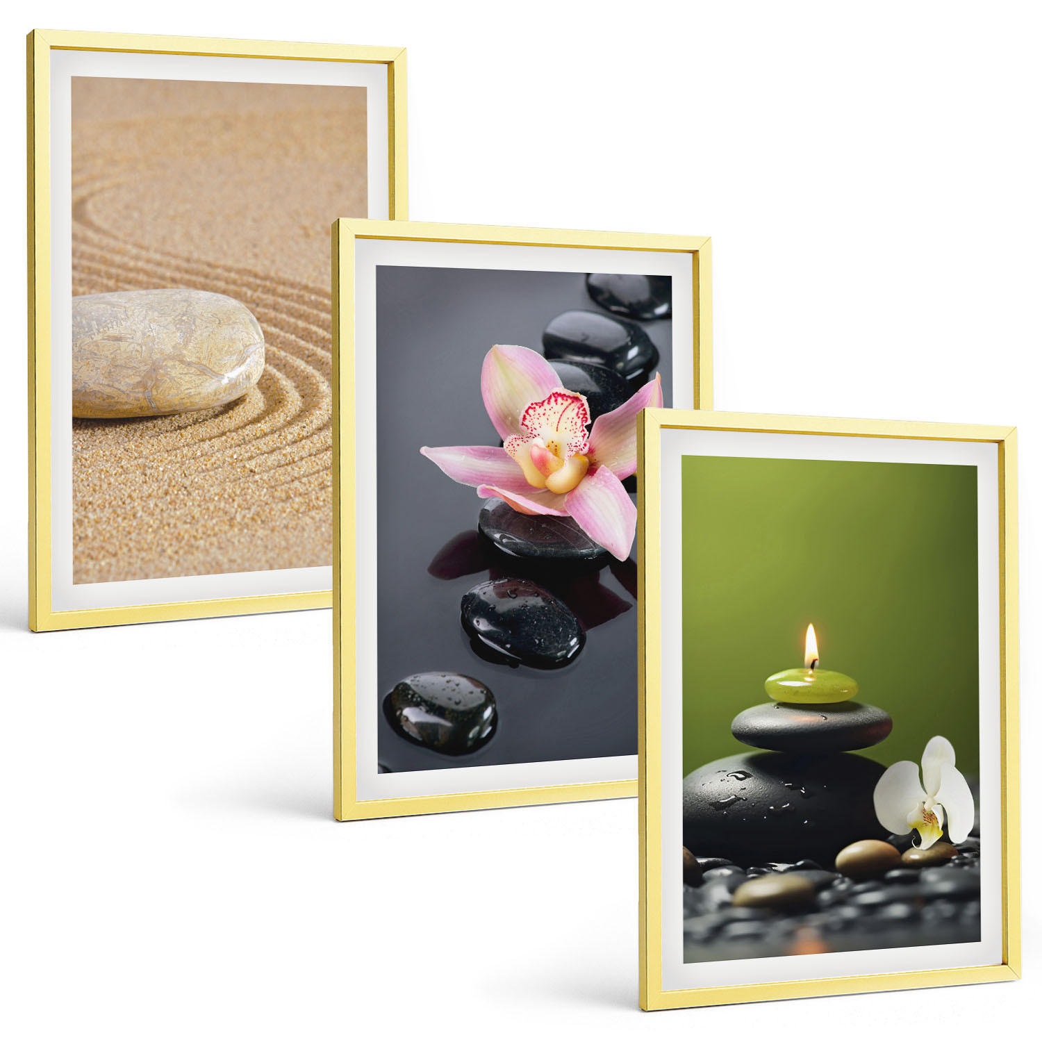 BILDER SET 3er Set - 40x60 cm Goldrahmen - Entspannende Zen-Steinmotive - Goldfarben, Kunststoff (40/60cm) - TULUP