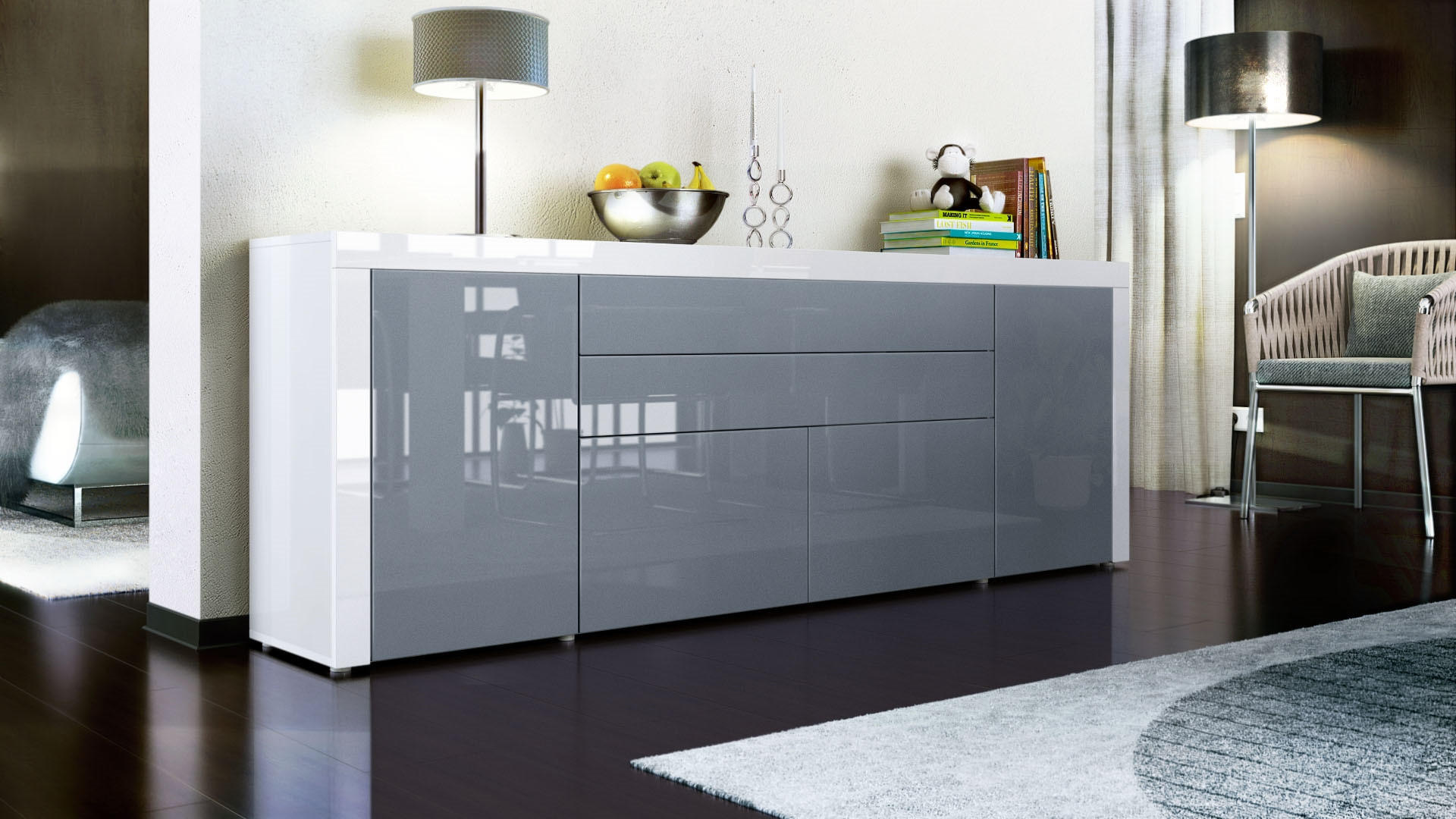 SIDEBOARD La Paz Grau Hochglanz / Weiß Hochglanz - Grau, Holzwerkstoff (200/72/35cm) - Vladon