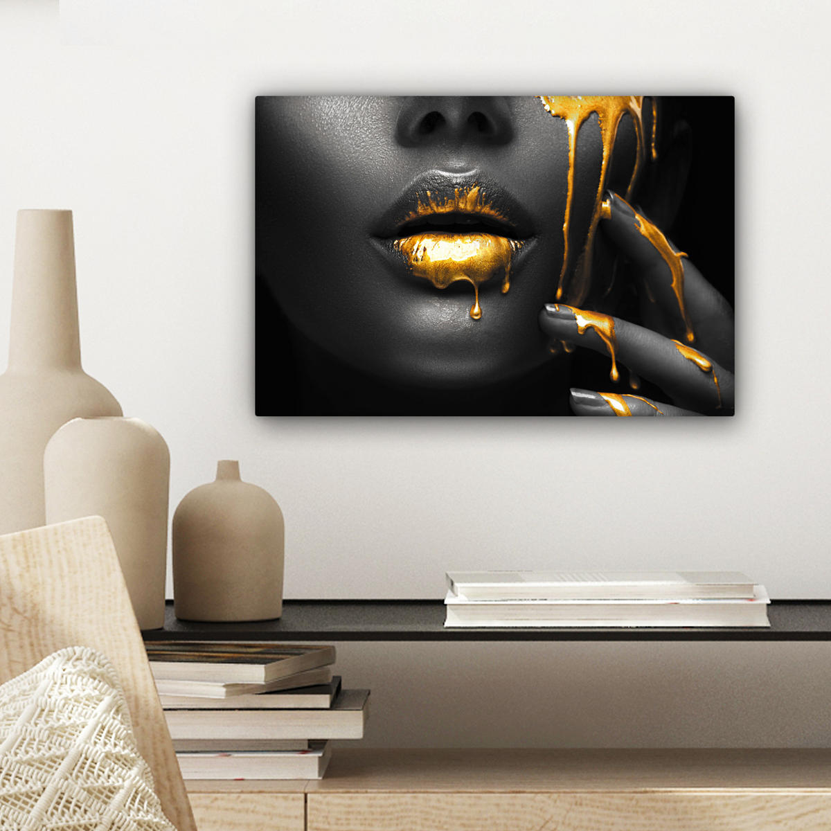 LEINWANDBILD Frau - Schwarz - Gold - Gesicht - Lippen 30x20 cm - Goldfarben, Textil (30/20cm) - MuchoWow