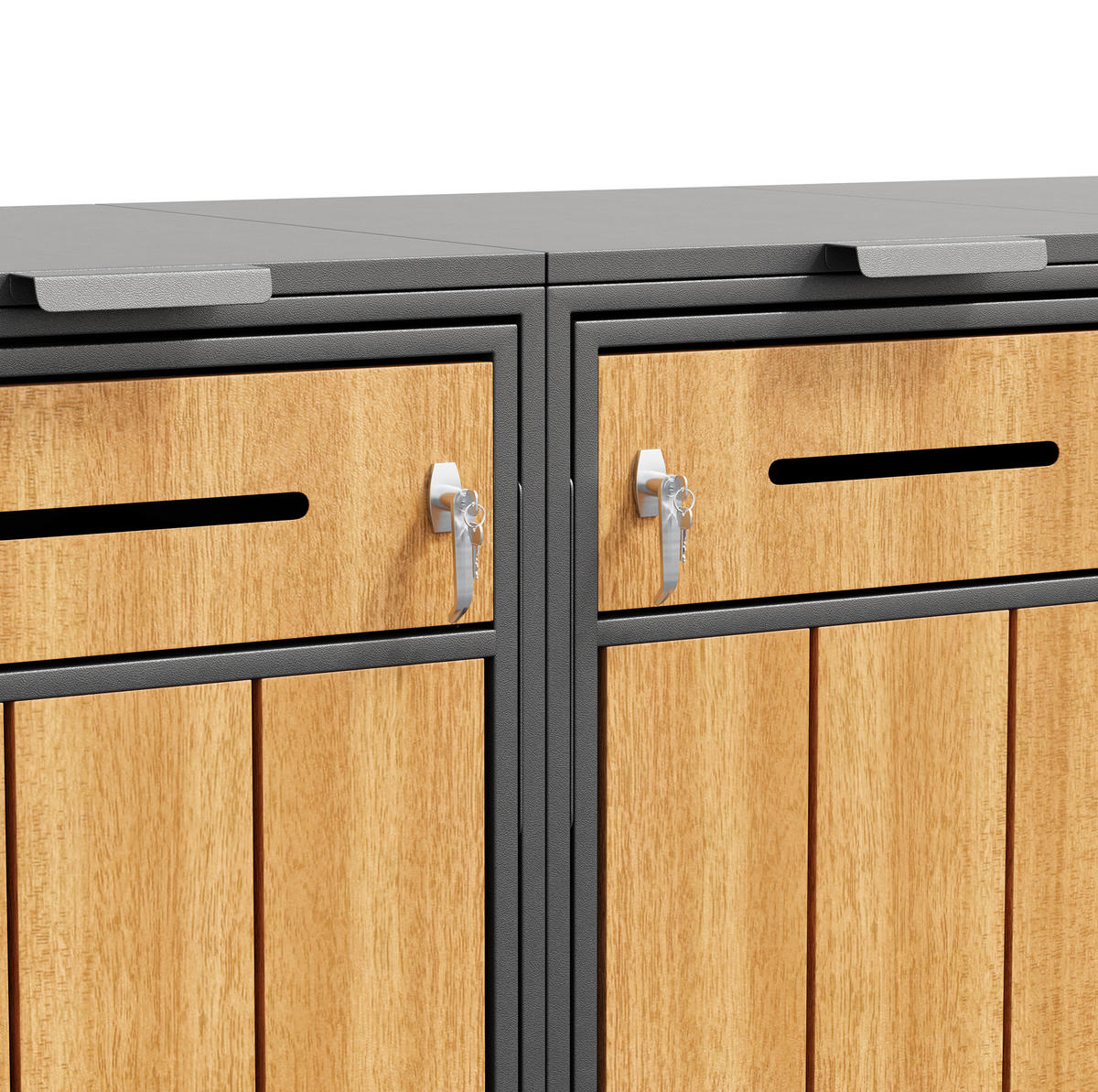 BOX na odpadkové koše z oceli 264x80x118 cm šedá/dekor dřeva se 4 oddíly, výklopným víkem, předními dvířky a větráním - šedá, kov (264/118/80cm) - Modfu