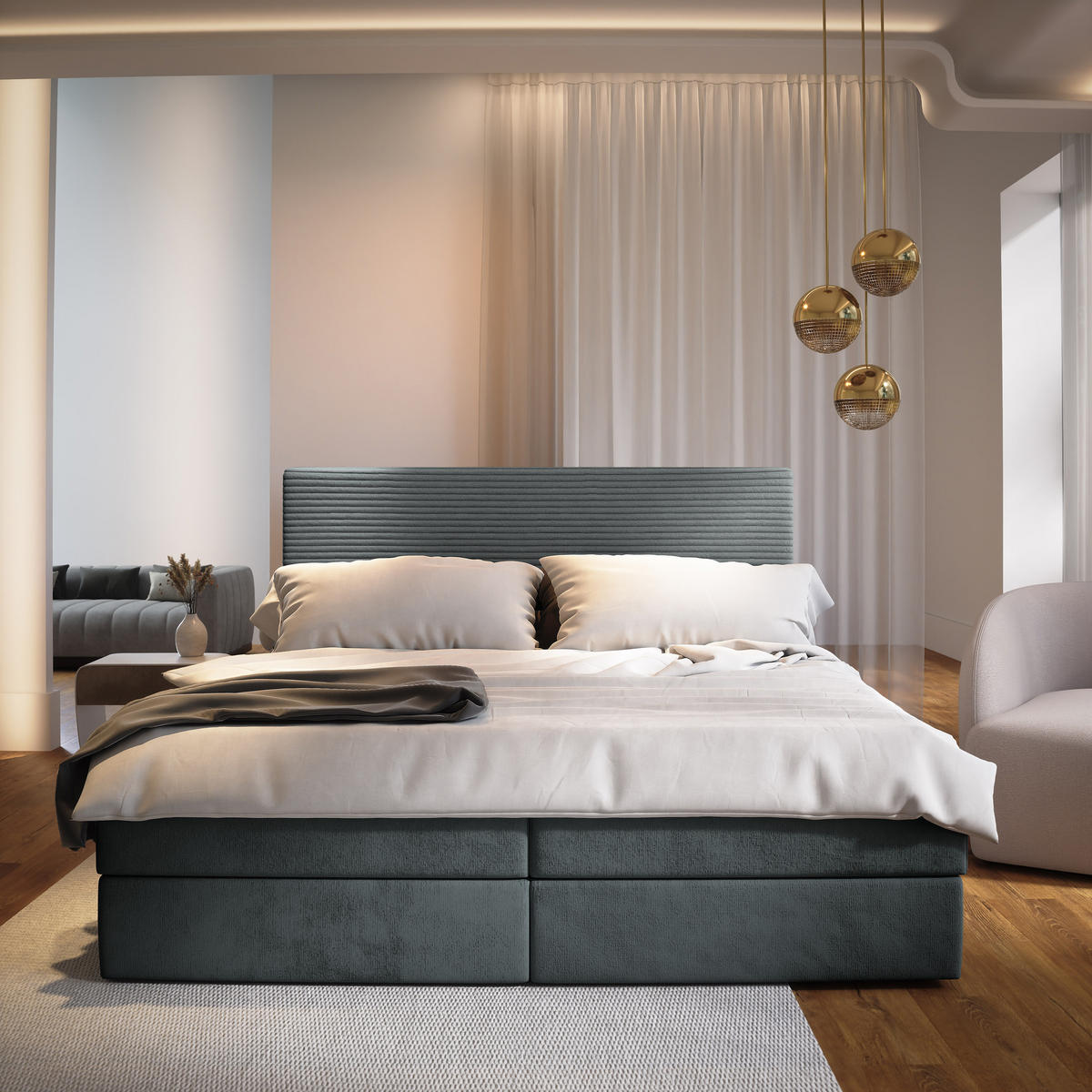 BOXBETT GIARRO 160x200 cm mit Matratze und Topper - Grau - Grau, Holz (160/200cm) - MASSENO