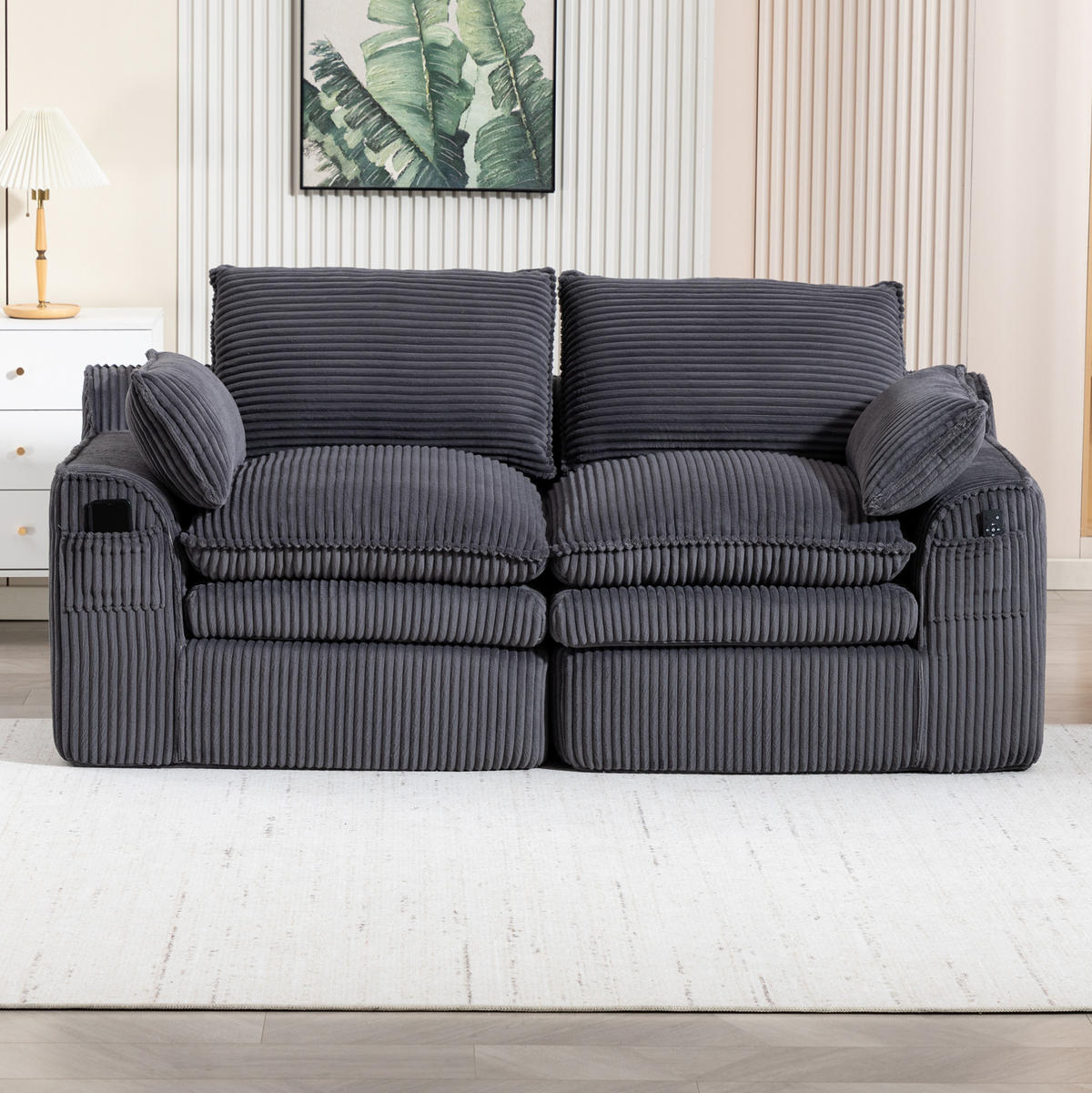 2-SITZER Sofa aus Cord 191x94x85 cm Dunkelgrau mit Seitentaschen, Kissen und Federkern - Dunkelgrau, Textil (191/85/94cm) - Modfu