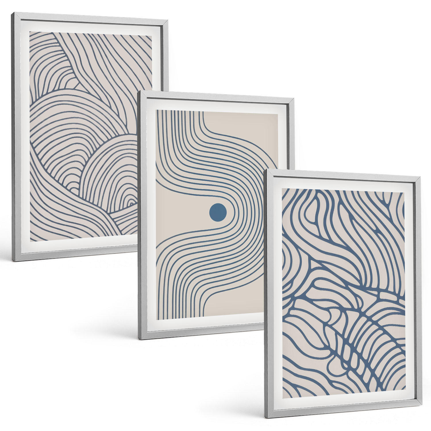 BILDER SET 3er Set - 40x60 cm Silberner Rahmen - Abstrakte Linien, Wellenformen - Silberfarben, Kunststoff (40/60cm) - TULUP
