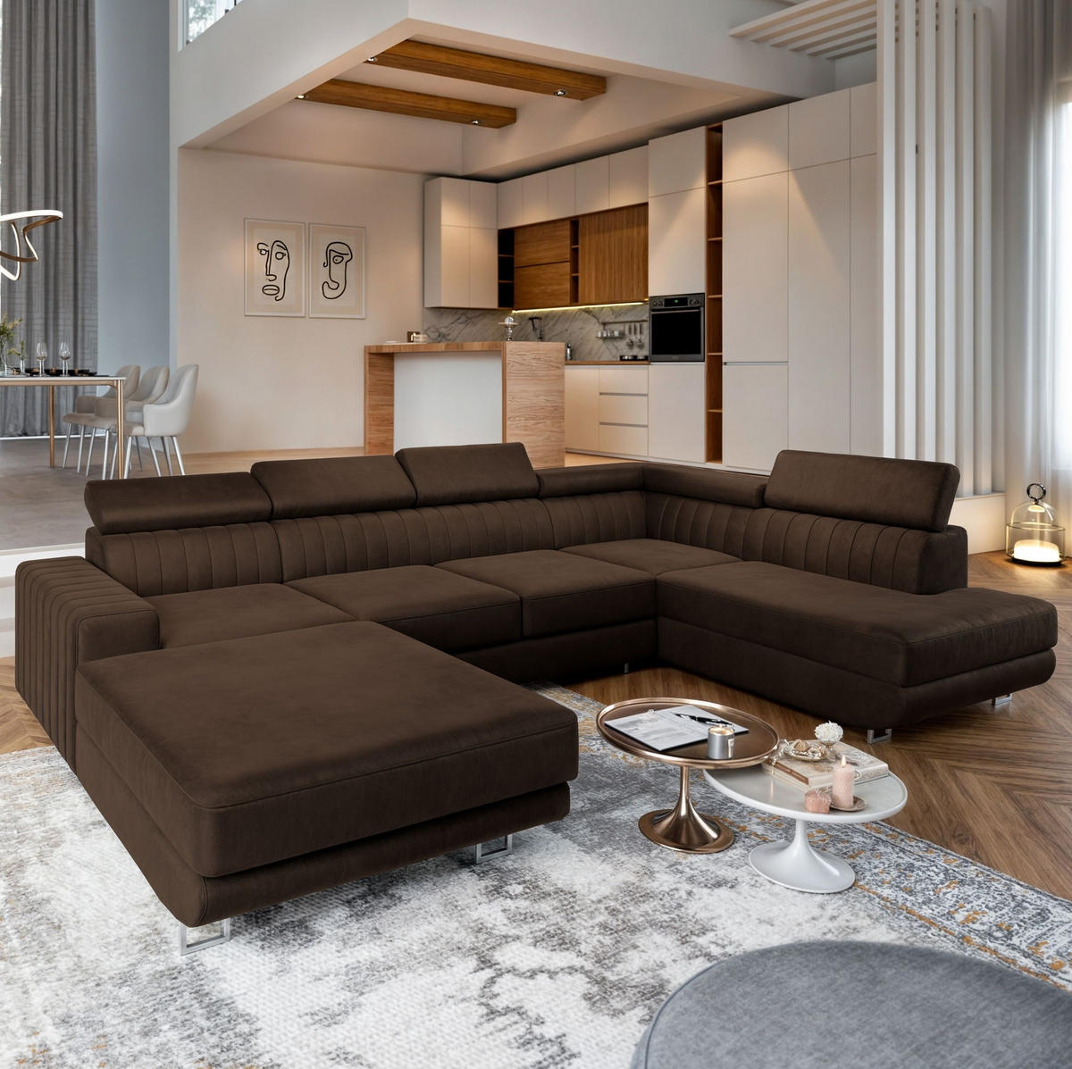 WOHNLANDSCHAFT SIENA R-S Braun Velours-Stoff mit Schlaffunktion - Braun, Holz (335/89/190cm) - MASSENO
