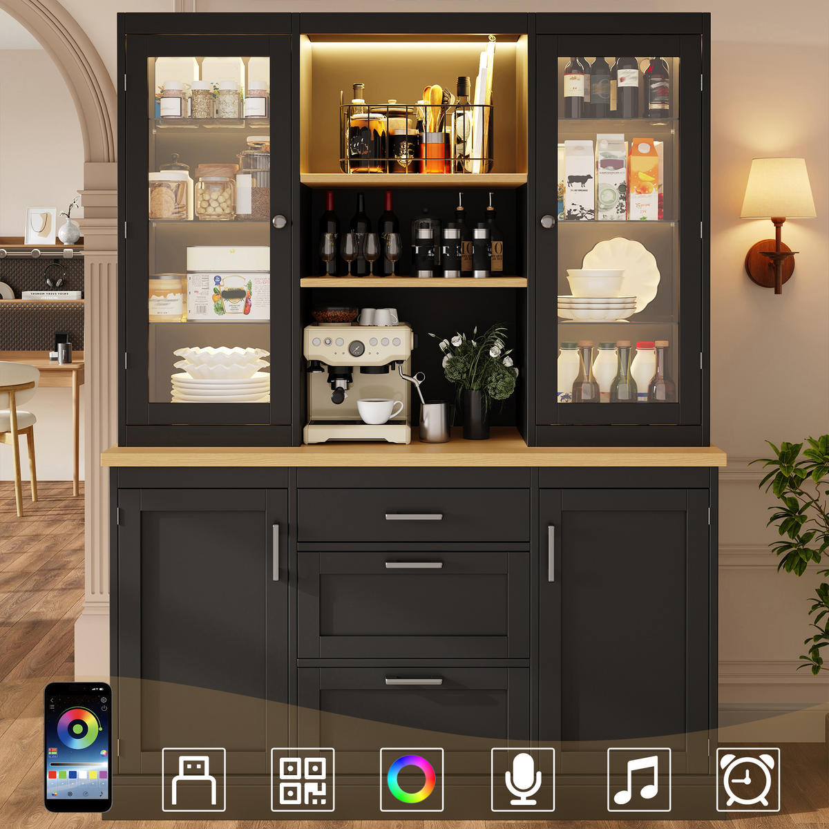 MEHRZWECKSCHRANK mit App-gesteuerter LED-Beleuchtung, 3 Schubladen,Schwarz 185/140/40 cm - Schwarz, Glas/Holzwerkstoff (140/185/40cm) - EVRYAE