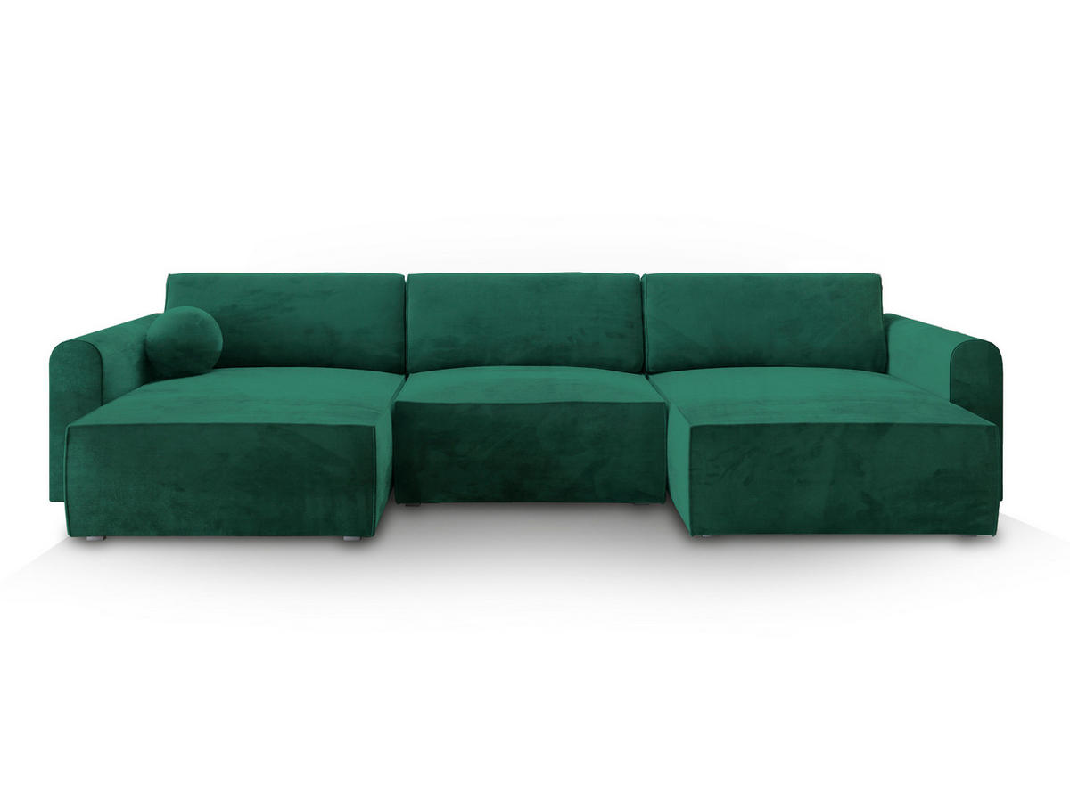 WOHNLANDSCHAFT FENTO M Grün Velours-Stoff mit Schlaffunktion - Grün, Holz (347/90/148cm) - MASSENO