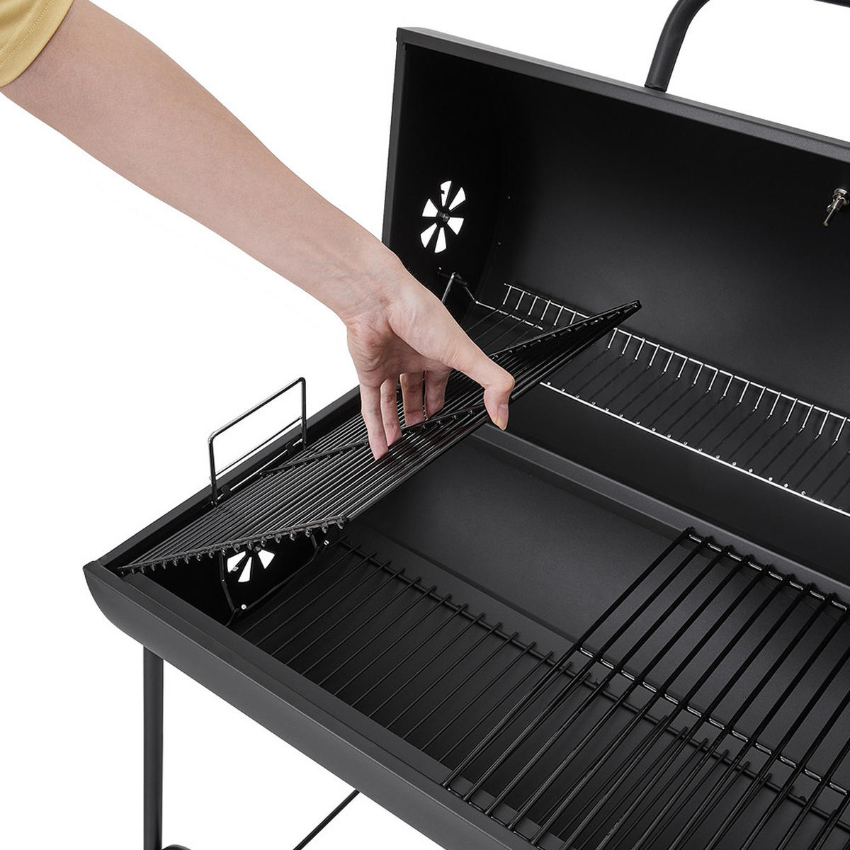 HOLZKOHLEGRILL mit Rollen aus Kohlenstoffstahl in Schwarz für draußen Carbonstahl groß mobil – ideal für Familienfeiern 79 x 68 x 90 cm 10,5 kg - Schwarz, Metall (68/90/79cm) - Livingandhome