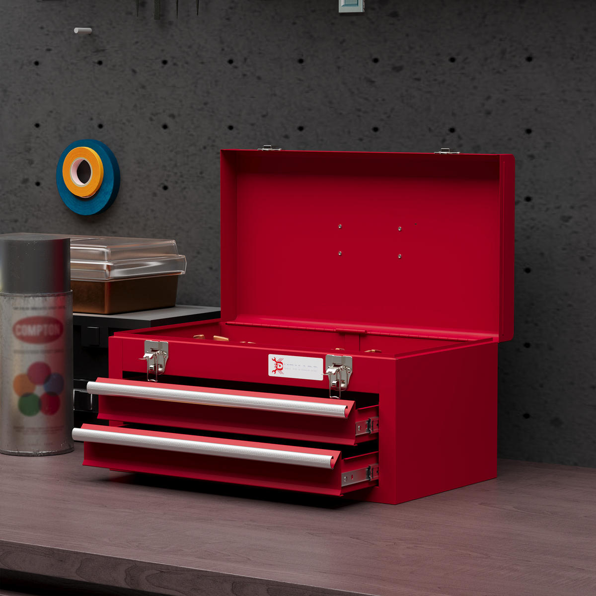 WERKZEUGKOFFER leer, 46 x 24 x 22 cm Werkzeugkasten mit 2 Schubladen Rot - Rot, Metall (24/22/46cm) - DURHAND